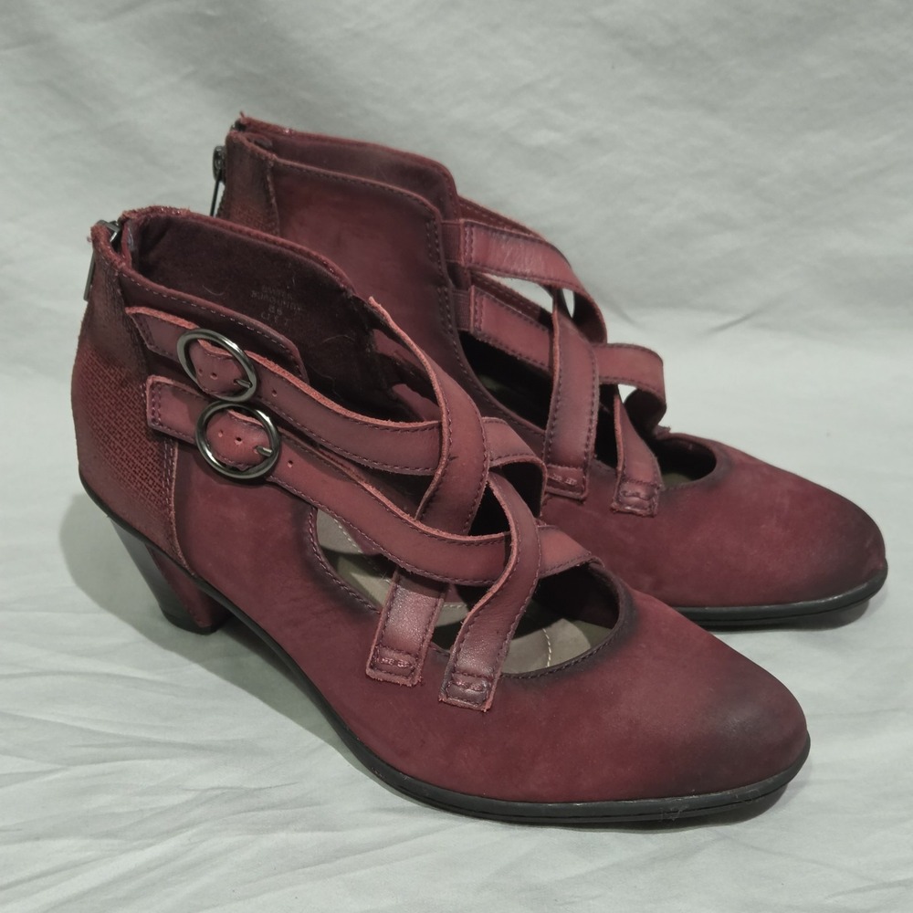 Earth Amber Burgundy Booties Womens 8 B Ankle Suede Leather Strap Heels Back Zip
